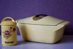 Pamono Yellow Enameled Cast Iron Casserole Dish by Raymond Loewy for Le Creuset, 1950s><noscript><img width=
