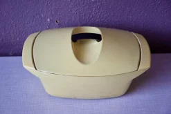 Pamono Yellow Enameled Cast Iron Casserole Dish by Raymond Loewy for Le Creuset, 1950s><noscript><img width=