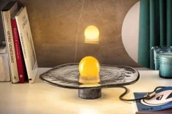 Outlet Pamono Yellow Glass Sphere on Swirling Marbled Smokey Grey Glass Base by Aina Kari