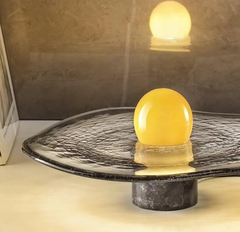 Outlet Pamono Yellow Glass Sphere on Swirling Marbled Smokey Grey Glass Base by Aina Kari