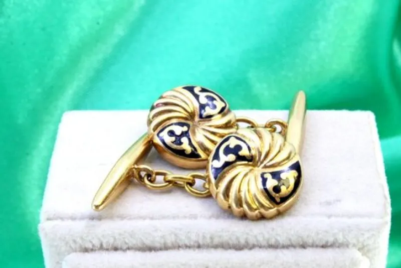 Pamono Yellow Gold Button-Shaped Cufflinks with Enamelled Applications, Set of 2> Cufflinks