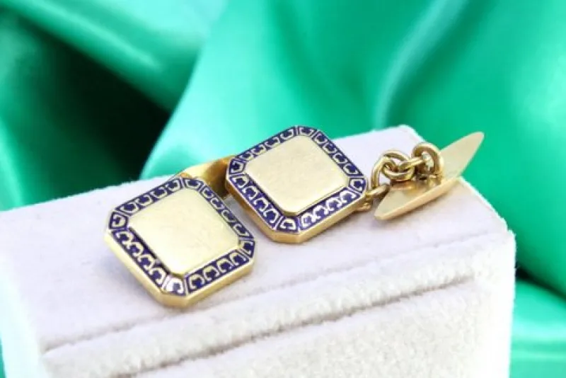 Pamono Yellow Gold Cufflinks with Enamelled Applications, Set of 2> Cufflinks