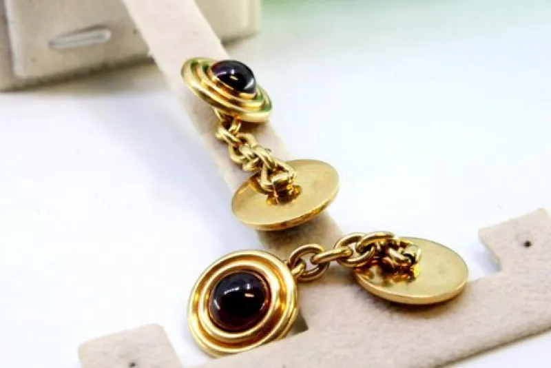 Pamono Yellow Gold Cufflinks with Garnets, Set of 2> Cufflinks