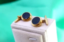 Clearance Pamono Yellow Gold Cufflinks with Circular Onyx and Surrounding Strips, Set of 2