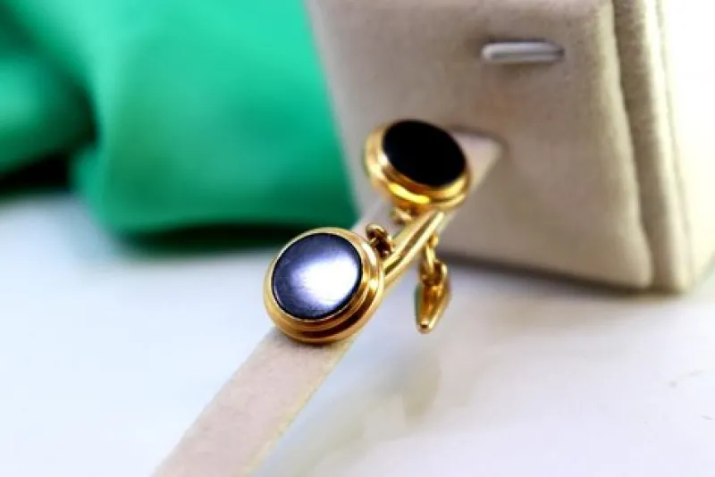 Clearance Pamono Yellow Gold Cufflinks with Circular Onyx and Surrounding Strips, Set of 2