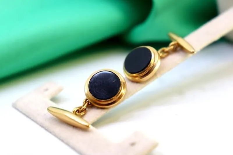 Clearance Pamono Yellow Gold Cufflinks with Circular Onyx and Surrounding Strips, Set of 2