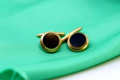 Clearance Pamono Yellow Gold Cufflinks with Circular Onyx and Surrounding Strips, Set of 2