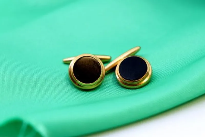 Clearance Pamono Yellow Gold Cufflinks with Circular Onyx and Surrounding Strips, Set of 2