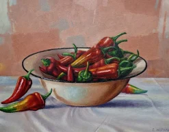 Pamono Zbigniew Wozniak, Peppers on a Table, 2000, Oil on Canvas> Painting