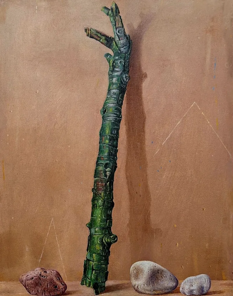 Pamono Zbigniew Wozniak, Still Life with a Twig and Rocks, 2018, Oil on Board> Painting
