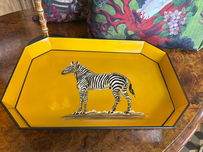 Pamono Zebra Hand-Painted Lacquered Metal Tray by Les Ottomans> Tabletop|Trays