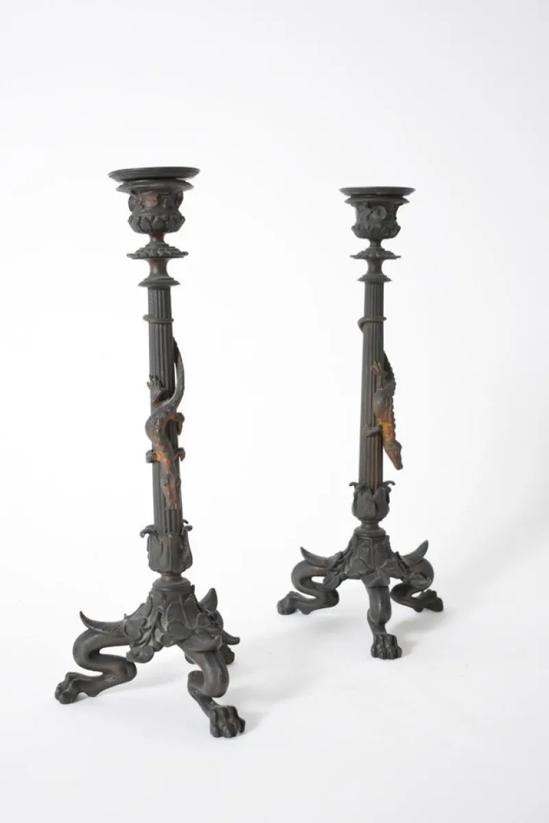 Pamono Zoomorphic Bronze Candleholders, 19th Century, Set of 2> Candleholders